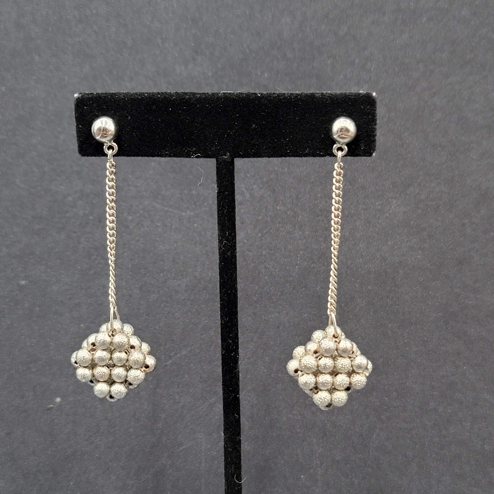 Vintage Pierced Earrings Silver tone Bead Cluster Dangle Unique 2.5″