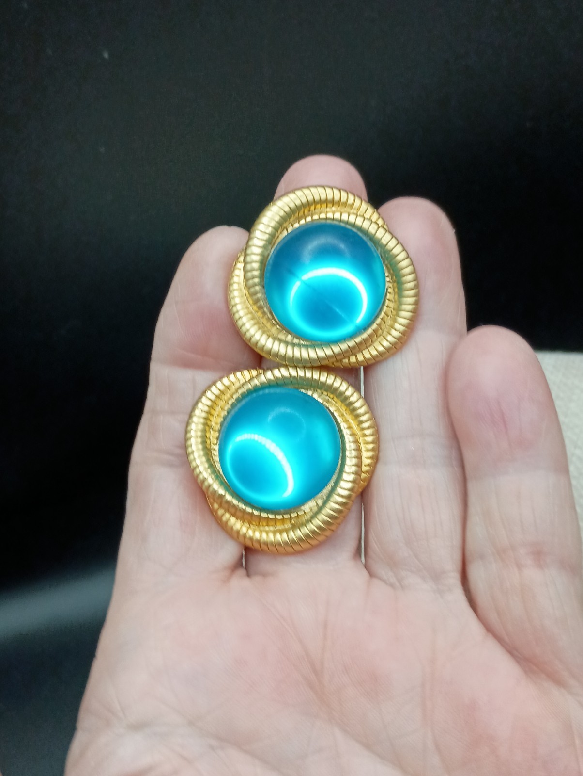 Vintage Aqua Blue Glass Cabochon Pierced Earrings Gripoix Gold Tone Rope 1.25 “