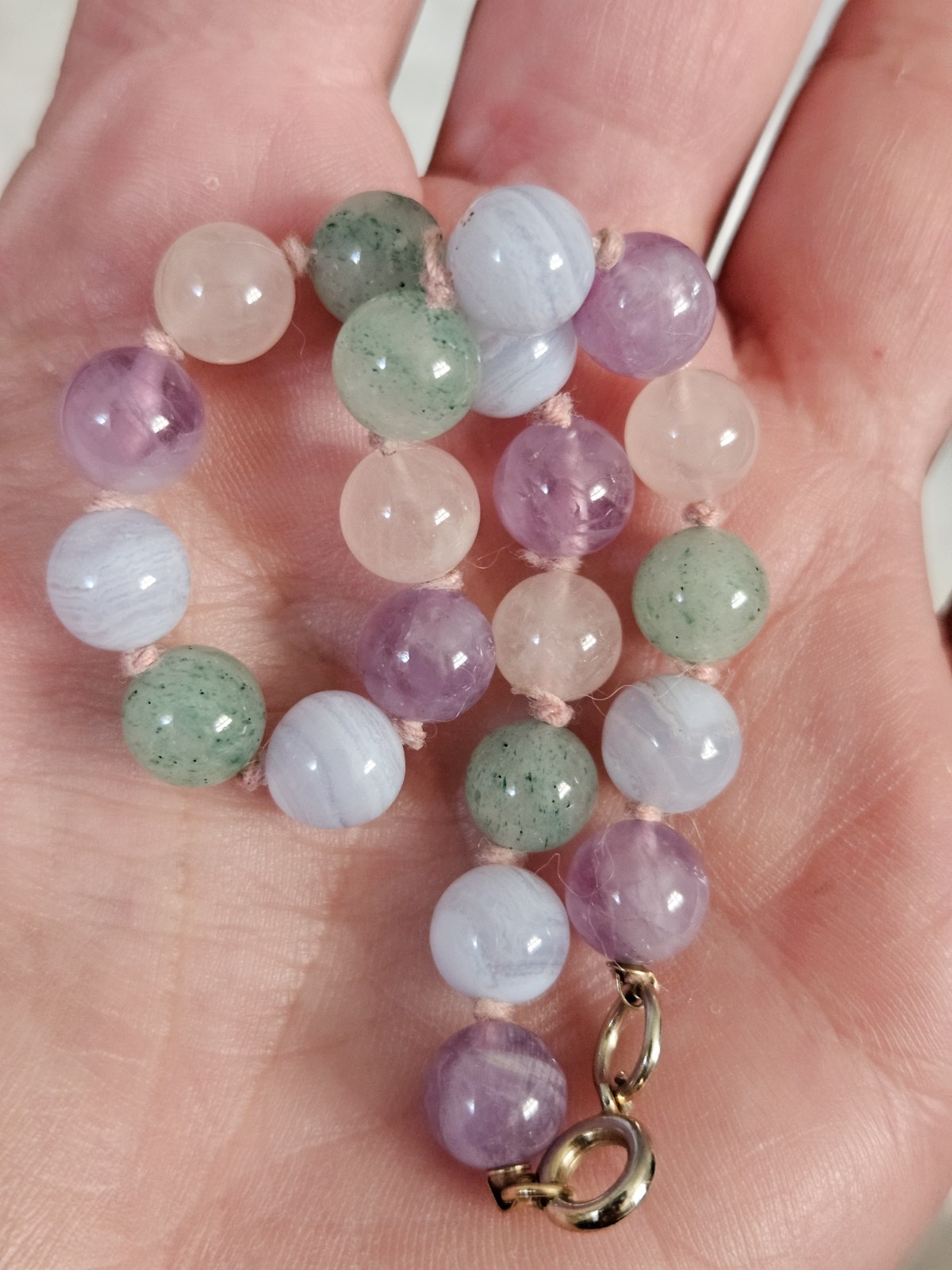 Vtg Multi Color Pastel Round Beaded Necklace Bracelet Set Jade Agate Quartz
