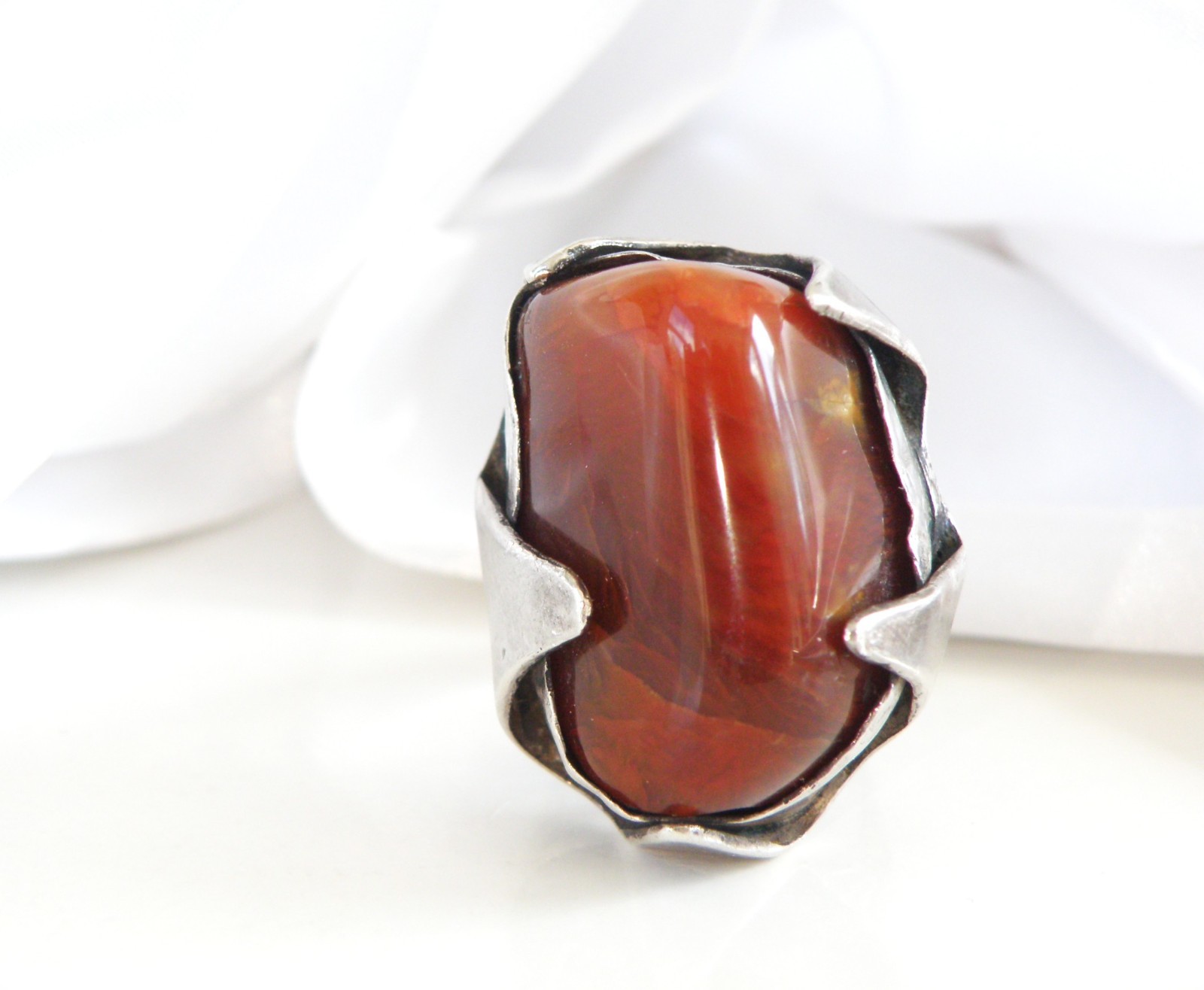 Vintage Sterling Silver 925 Banded Agate Brutalist Modernist Statement Ring 7
