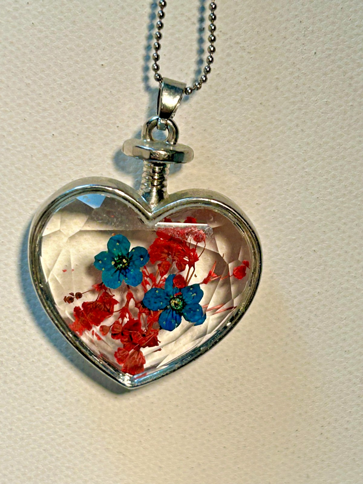 Vintage Heart Pendant Necklace Blue and Red Pressed Flowers