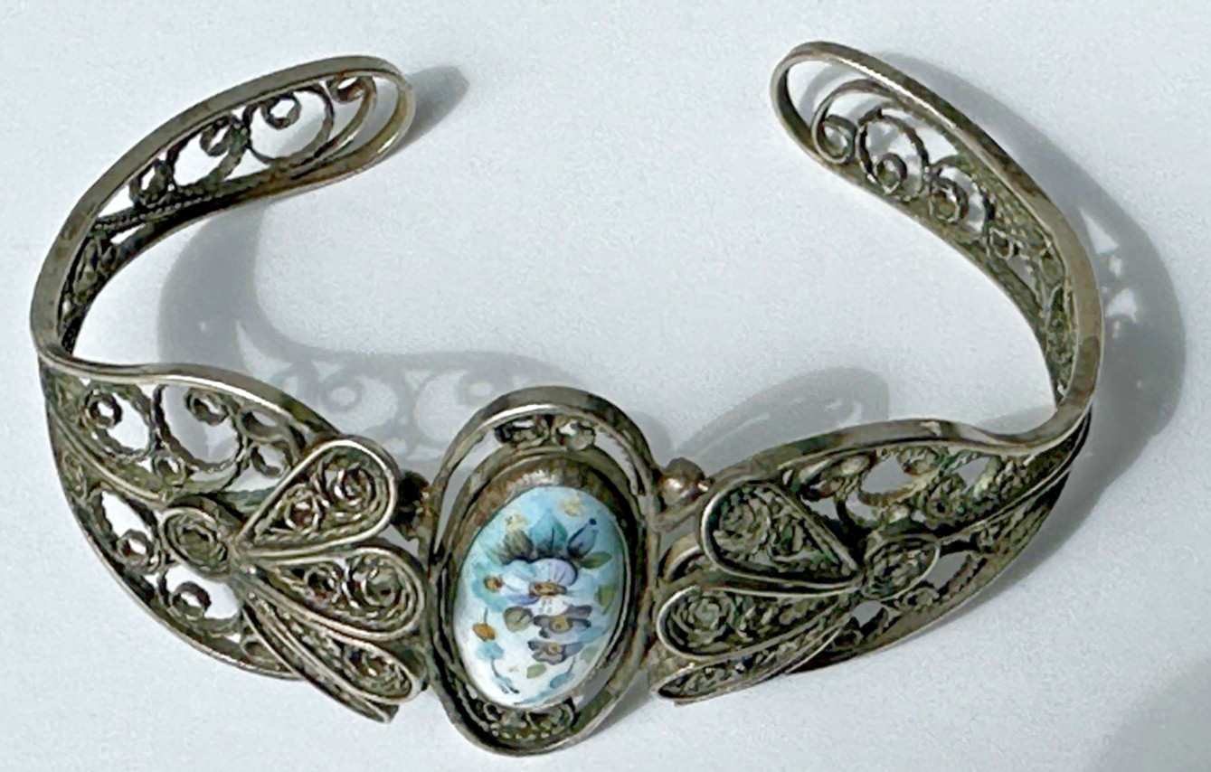 Vintage Painted Floral Motif Enamel Cuff Bracelet W/ Ornate Filigree