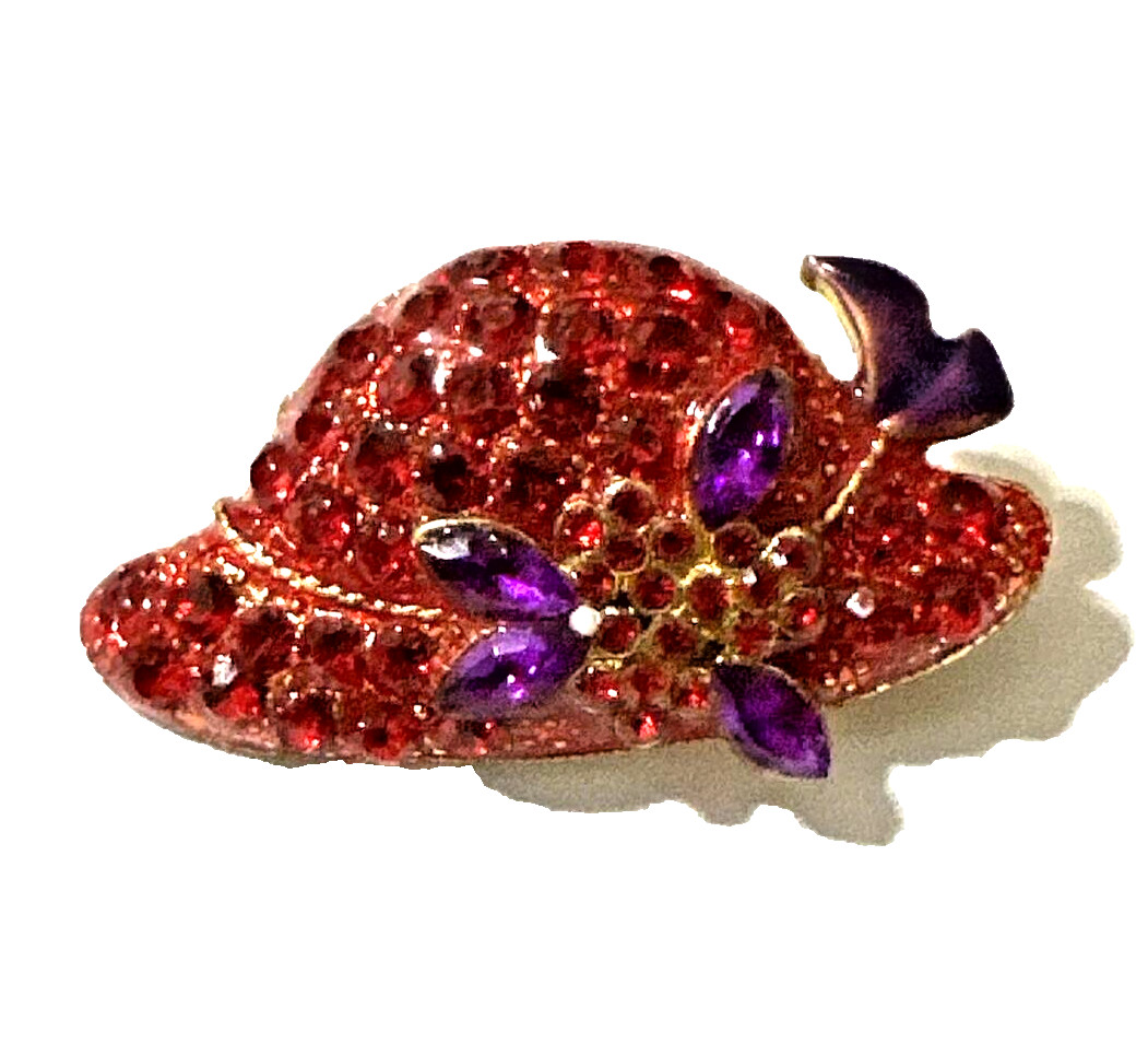 Vintage RED HAT Brooch Purple Enamel Red Crystal Rhinestone 1 1/4″ Society Pin