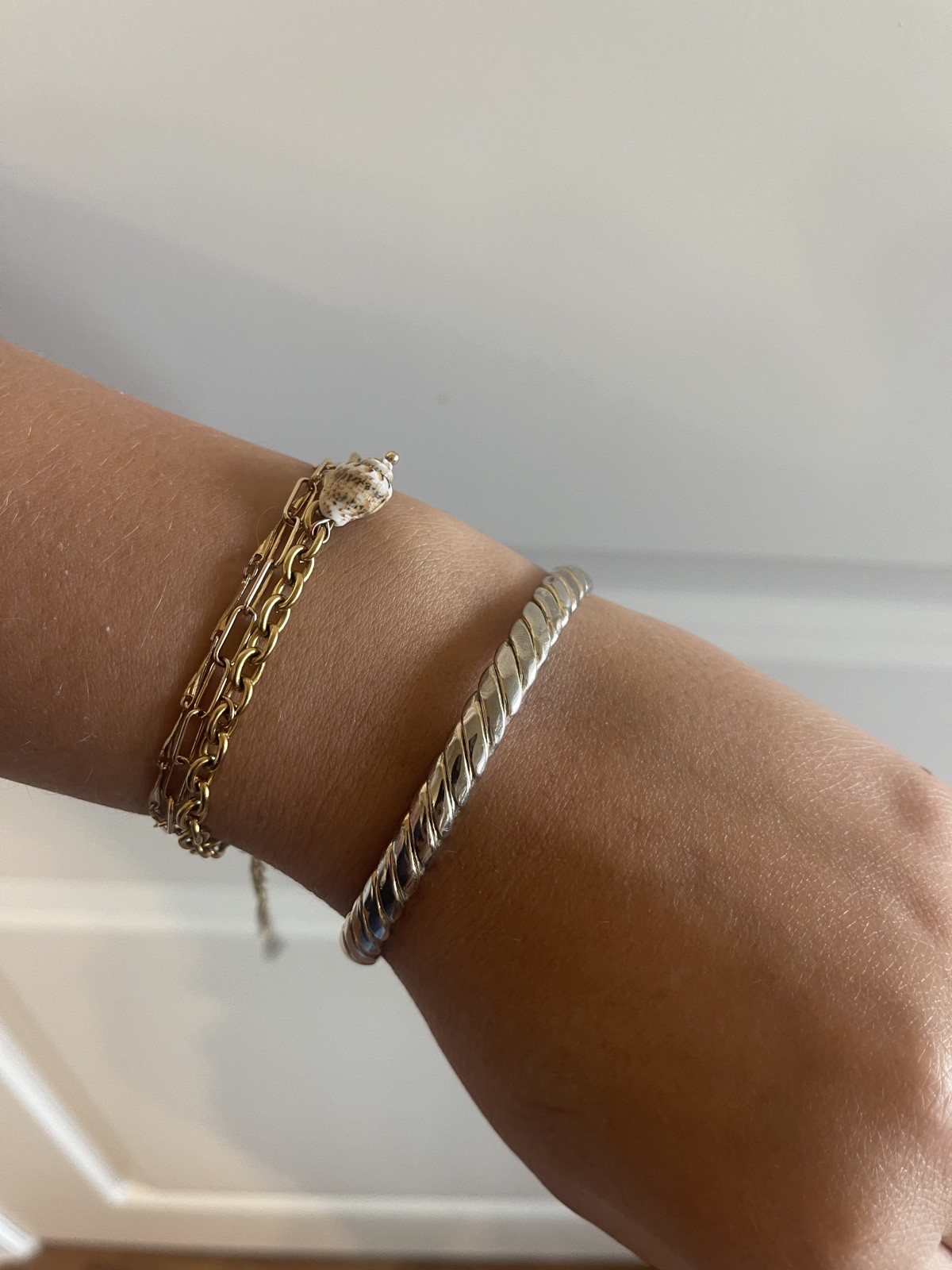 Mixed Metal Cuff Bracelet 7” Silver Gold Tone Flat Link Vintage 1980s Jewelry