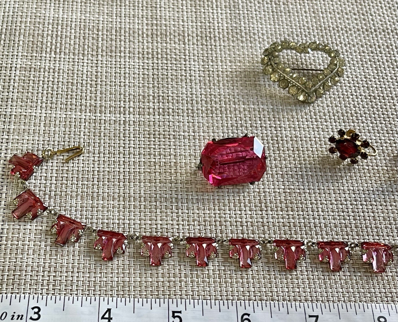Antique Art Deco Czech PINK Vauxhall Foiled Glass Necklace Brooch Earrings Lot