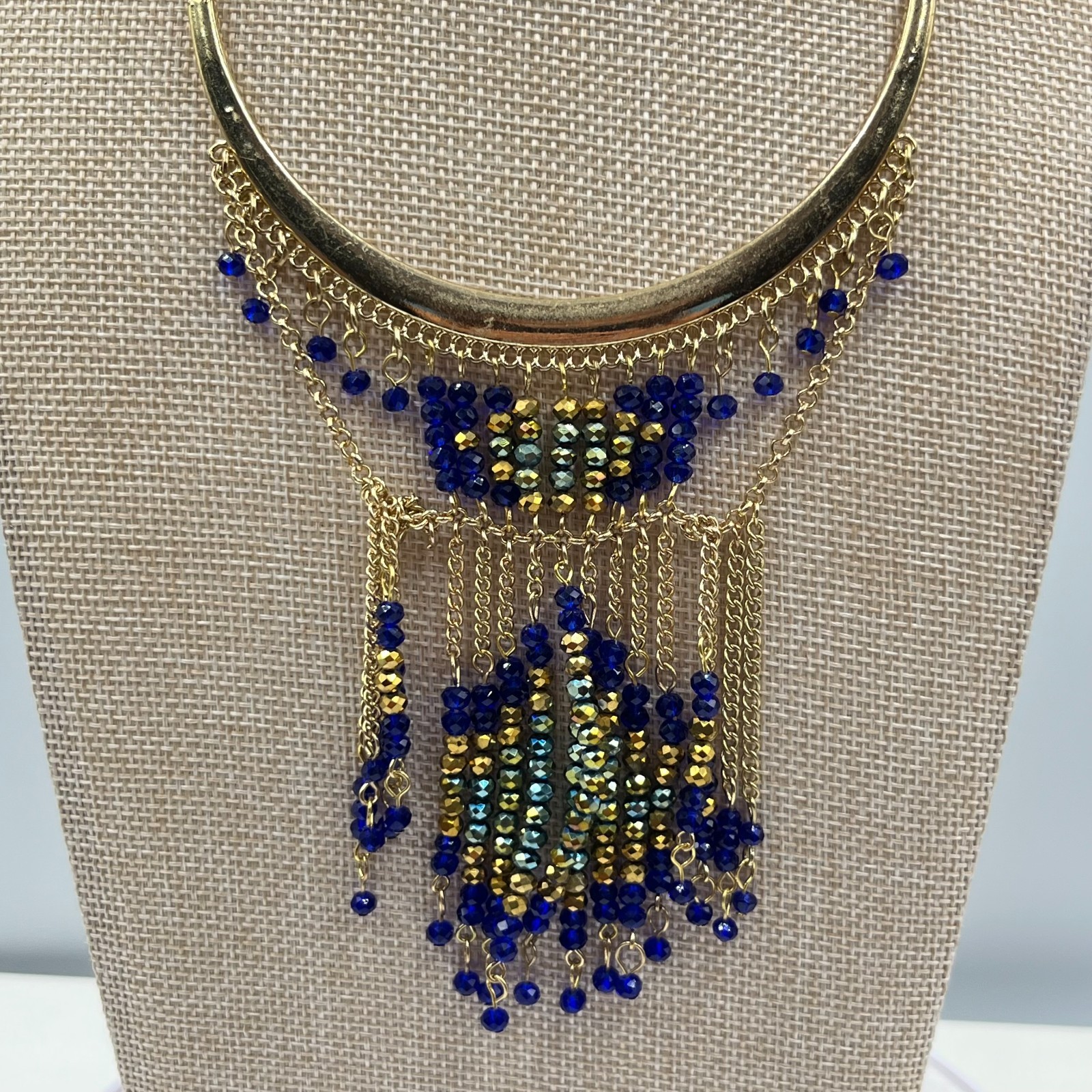 Vintage Retro Gold Tone Cobalt Blue Beaded Fringe Statement Bib Necklace Fashion