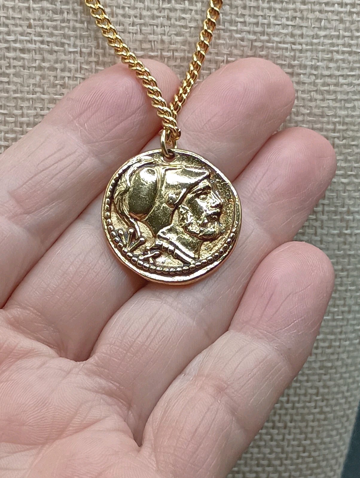 Vintage Avon Coin Pendant Necklace Double Sided Roman Soldier Eagle Gold Tone
