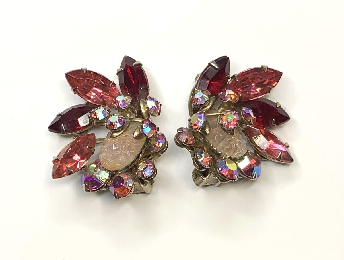Vintage Pink Lava Glass Cabochon Red Pink and AB Rhinestone Clip On Earrings