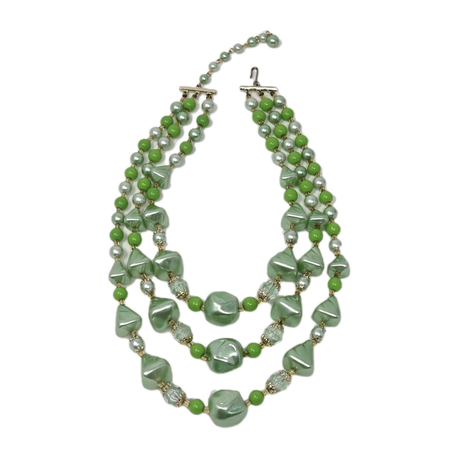 Sea Foam & Lime Green Triple Strand Beaded Necklace Vintage Faux Pearl 15 – 17″