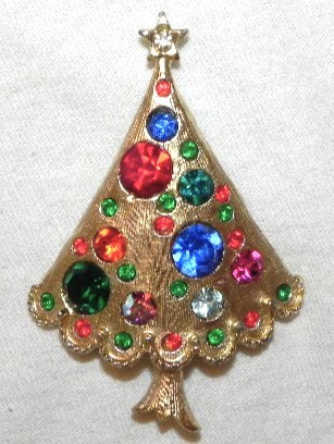 Vintage Brushed Gold Tone Christmas Tree Pin Red Blue Green Rhinestone Brooch