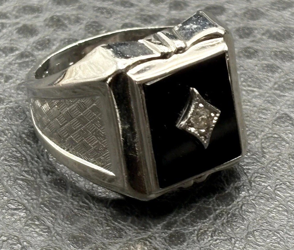 Vintage Vargas 18K HGE White Gold Plated Black Onyx Rhinestone Ring Size 8