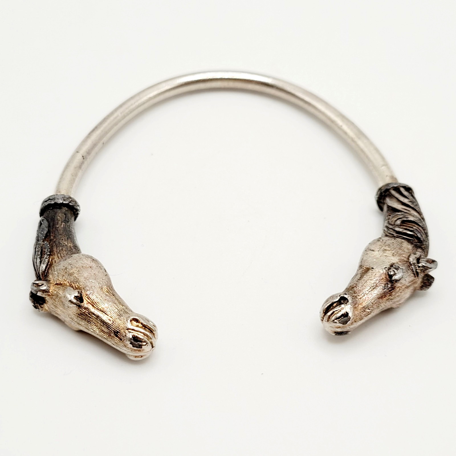 Double Horse Head Pewter Plated Copper w Patina Vintage 70s Torque Cuff Bracelet