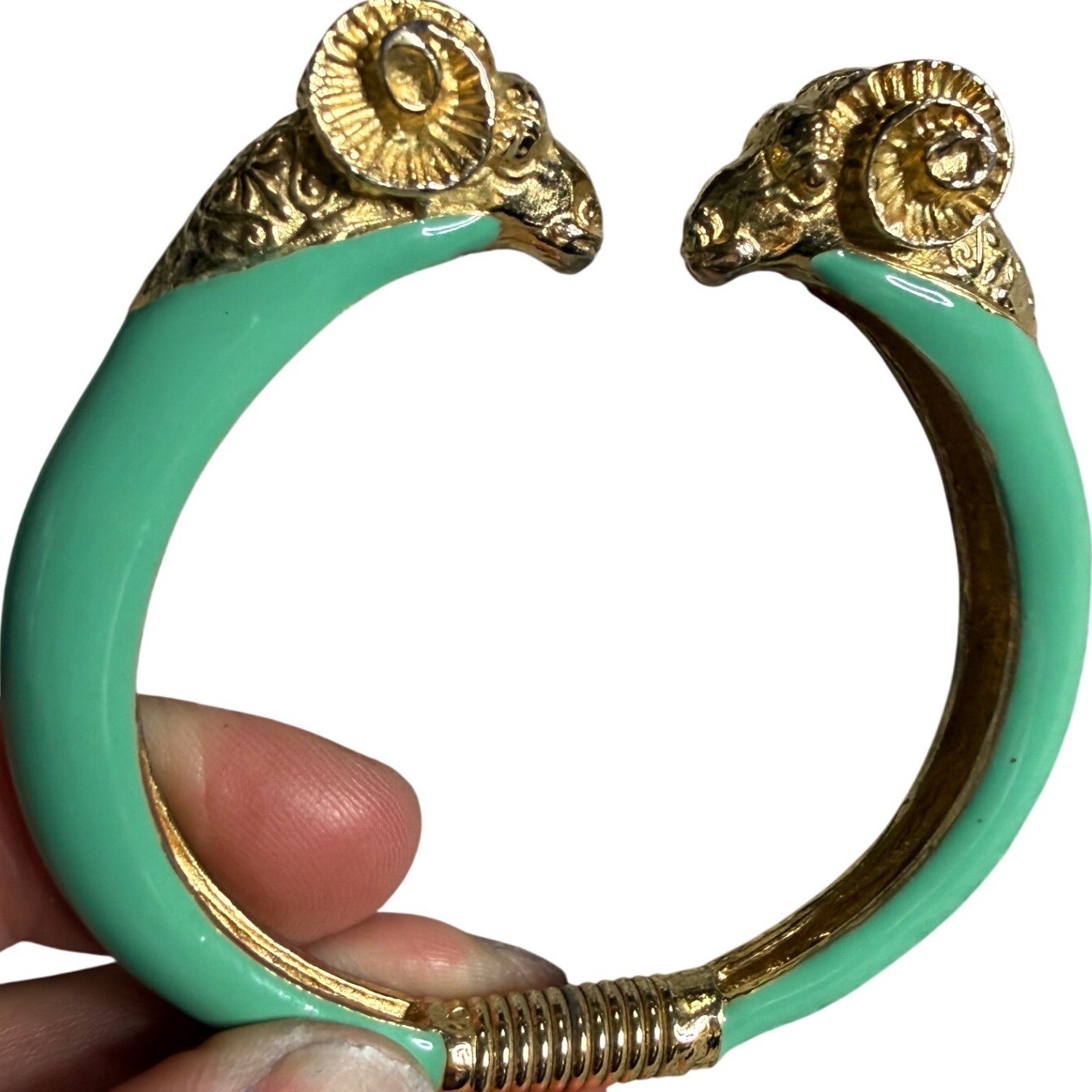 Vintage Donald Stannard Enamel Double Ram Head Hinge Bangle Bracelet