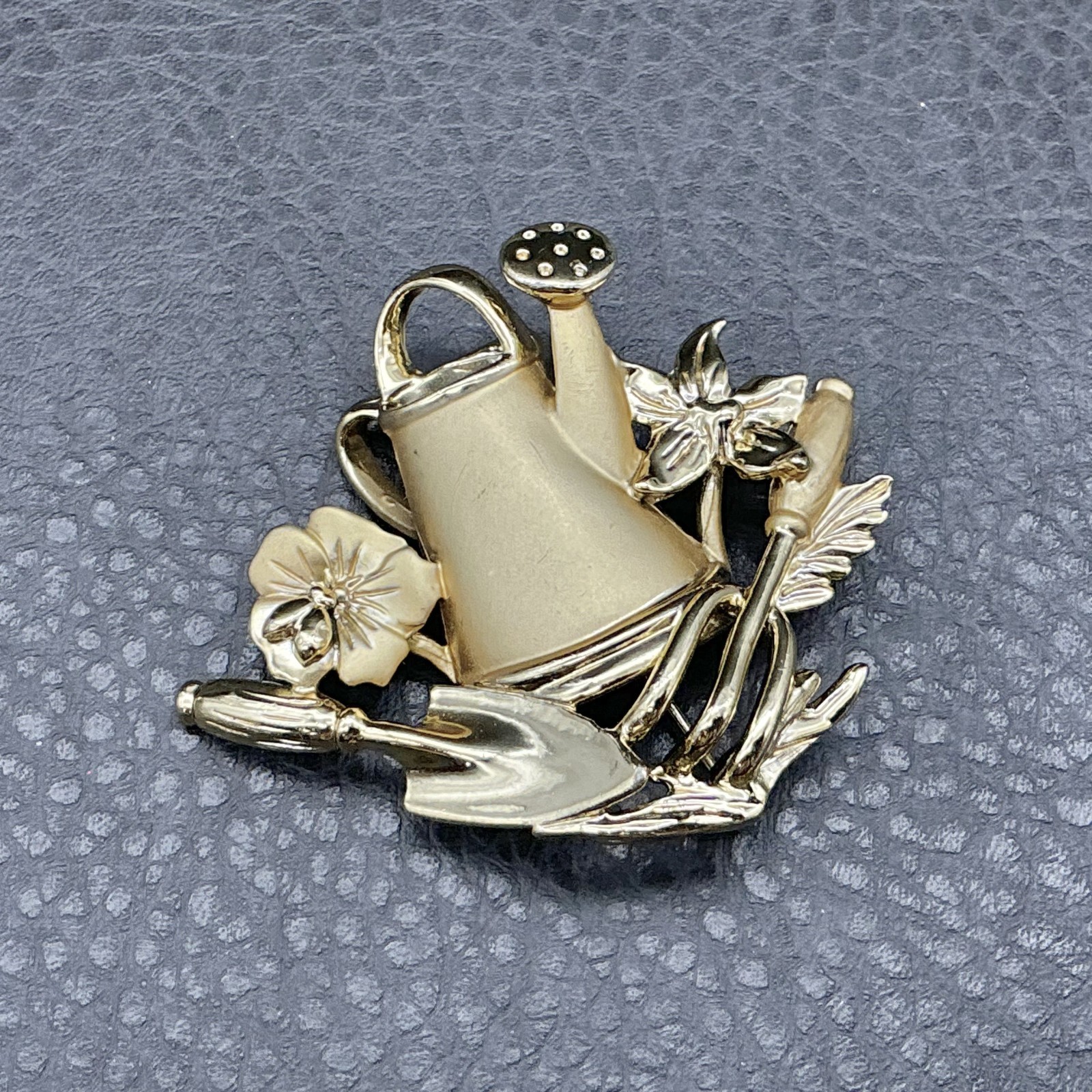 Vintage AJC Brooch Gardening Tools Flowers Watering Can Gold Tone 2 Inch Pin