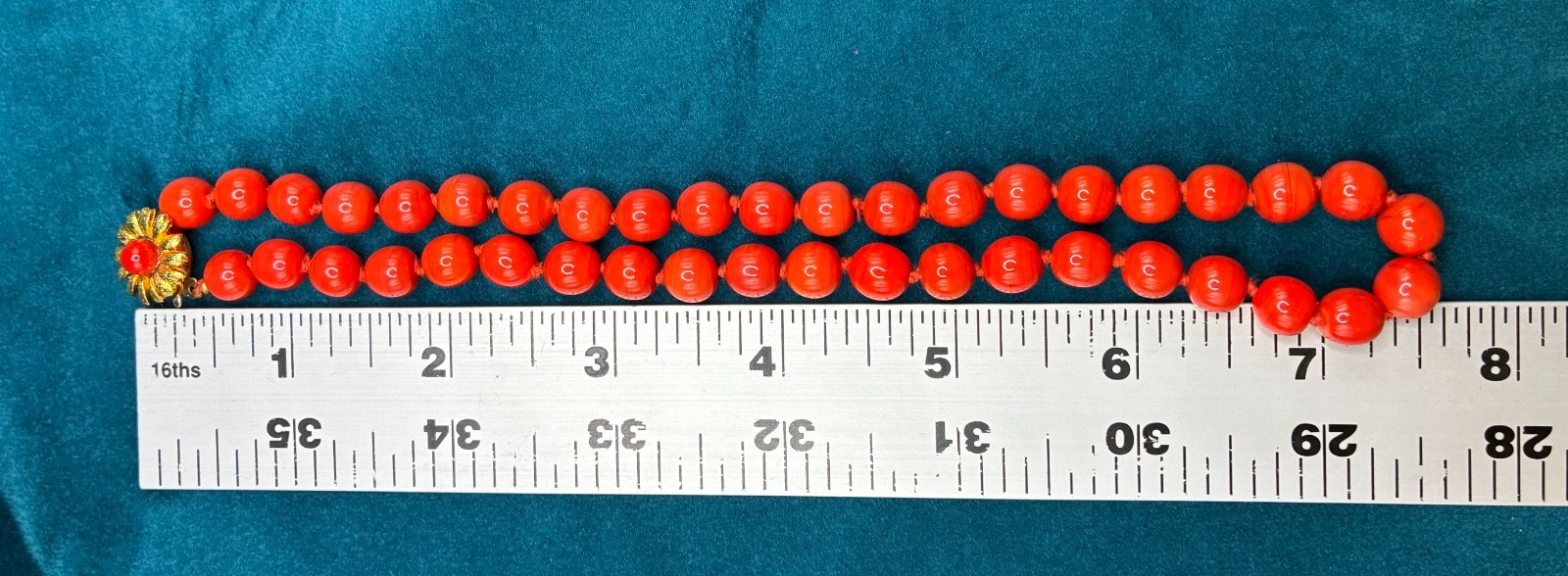 Vintage Glass Beaded Necklace Red Hand Knotted Decorative Clasp 15″