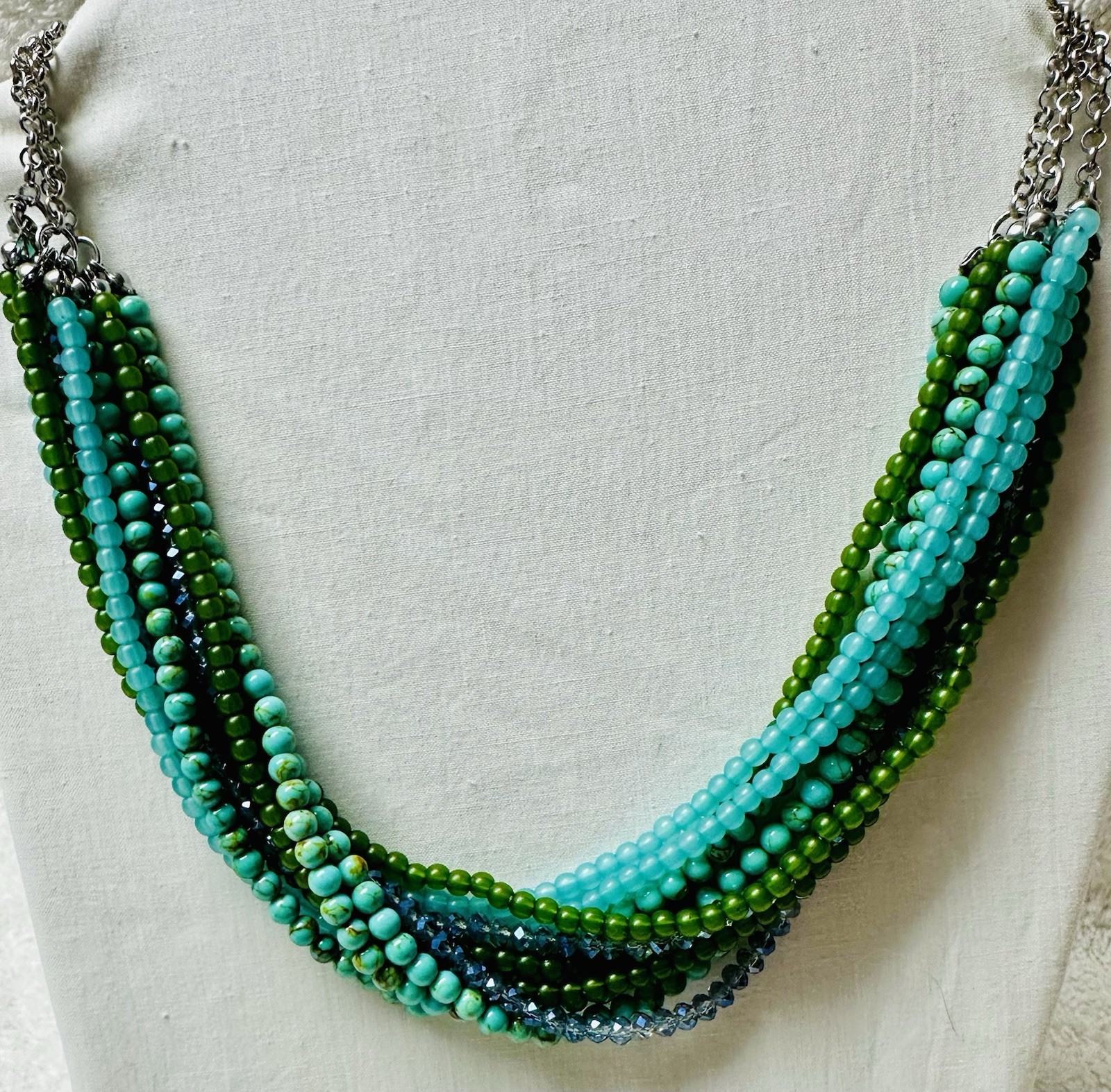 Multi Strand Blue Green Bead Bib Torsade Style Necklace n051