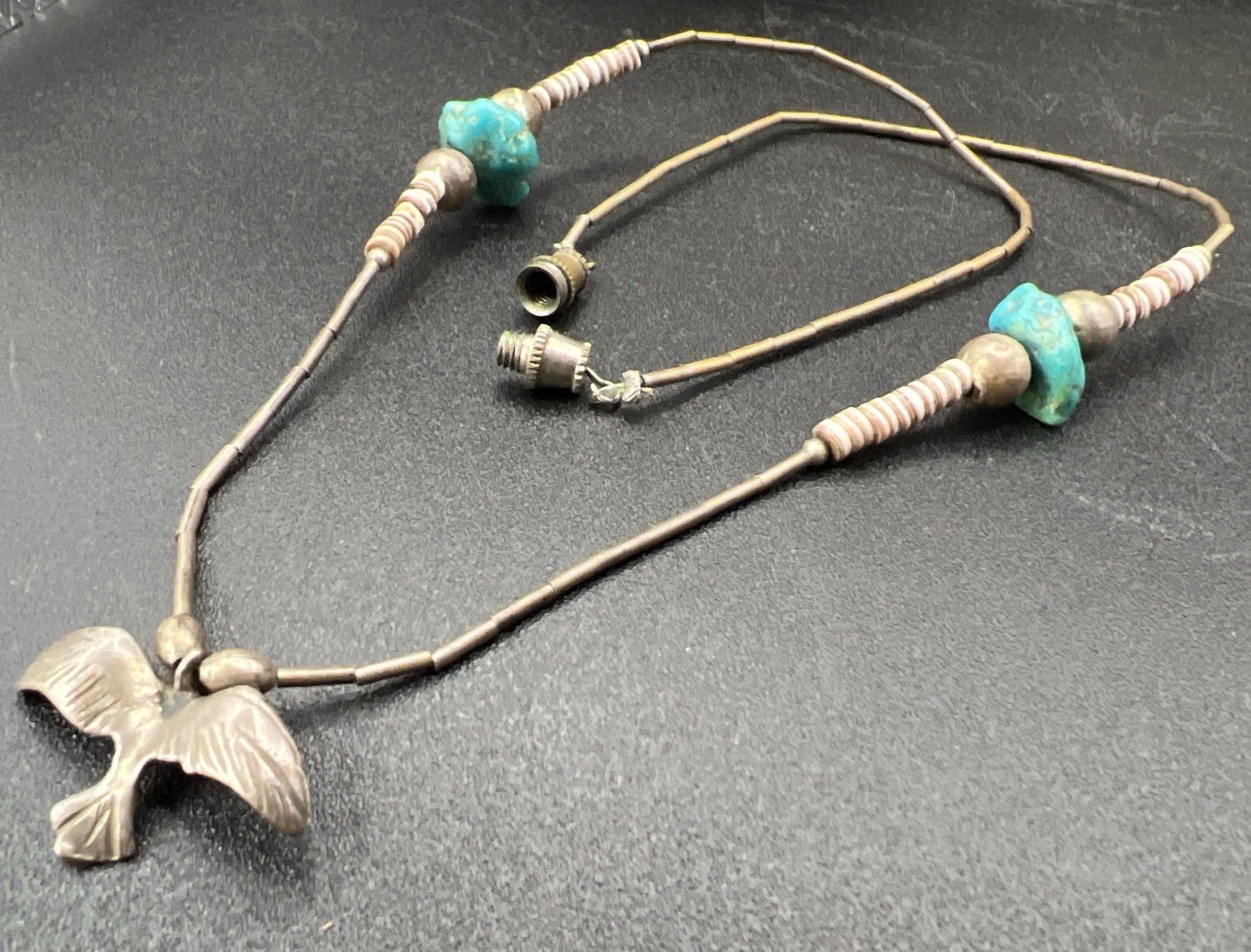 Nativa American VTG Turquoise Heishi Pendant Necklace Peyote Water Bird 17” 9.7g