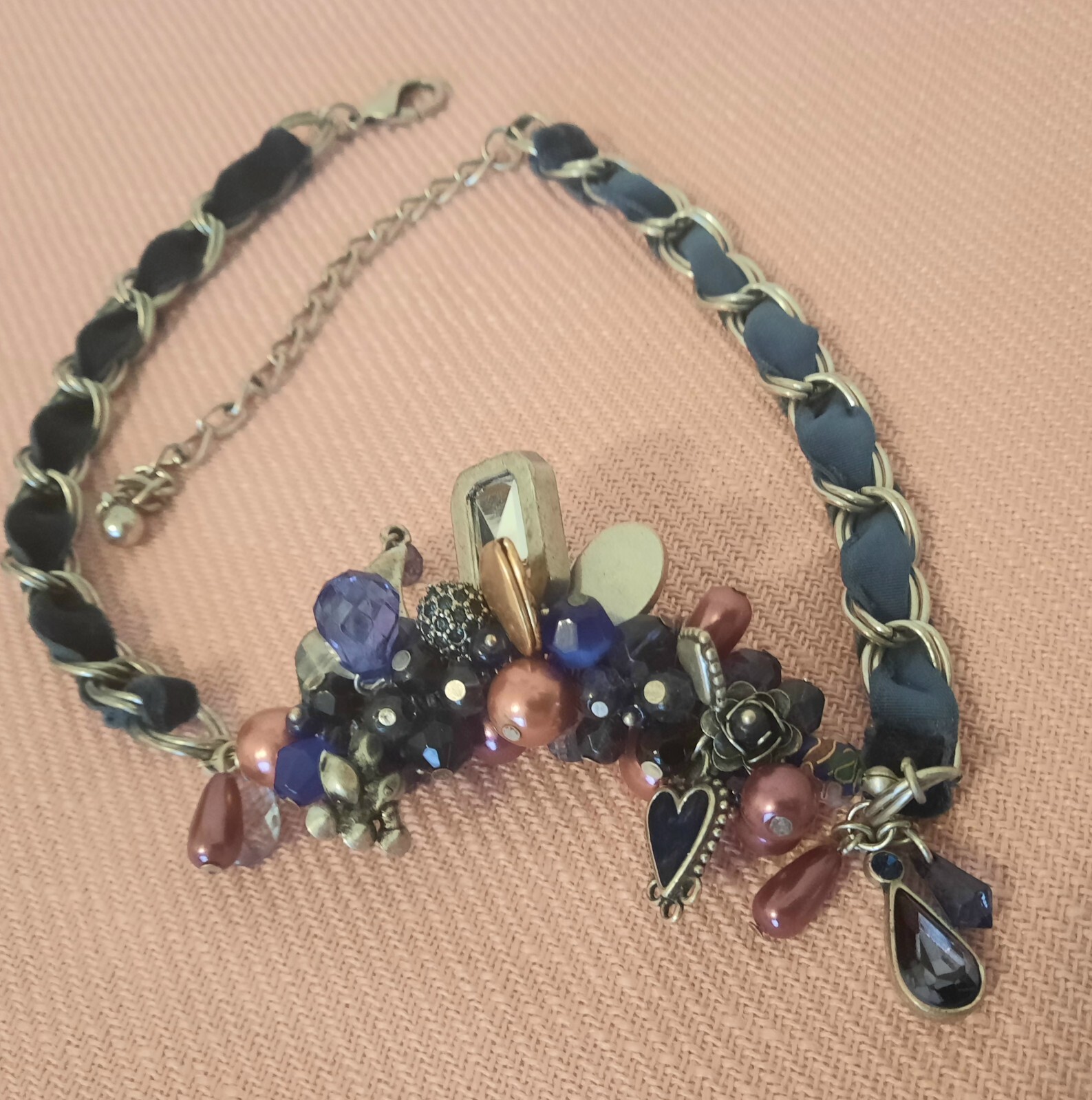 BLUE AND PURPLE RIBBON CHAIN CLUSTER CHARM NECKLACE*HEART*ANGEL*LOCKET*BEADS