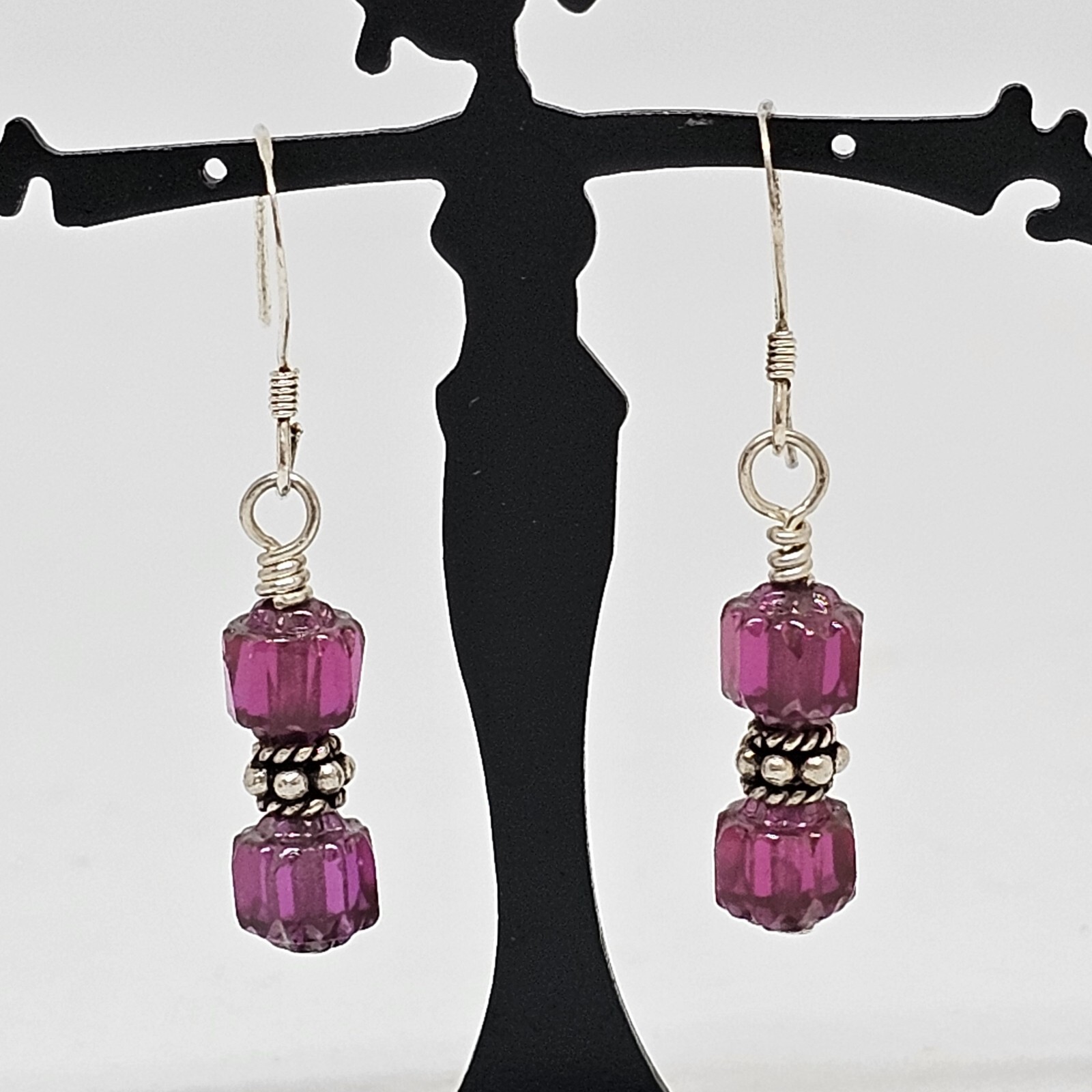 925 Sterling Silver – Fuchsia Red Glass Crystal Bead Drop Dangle Earrings