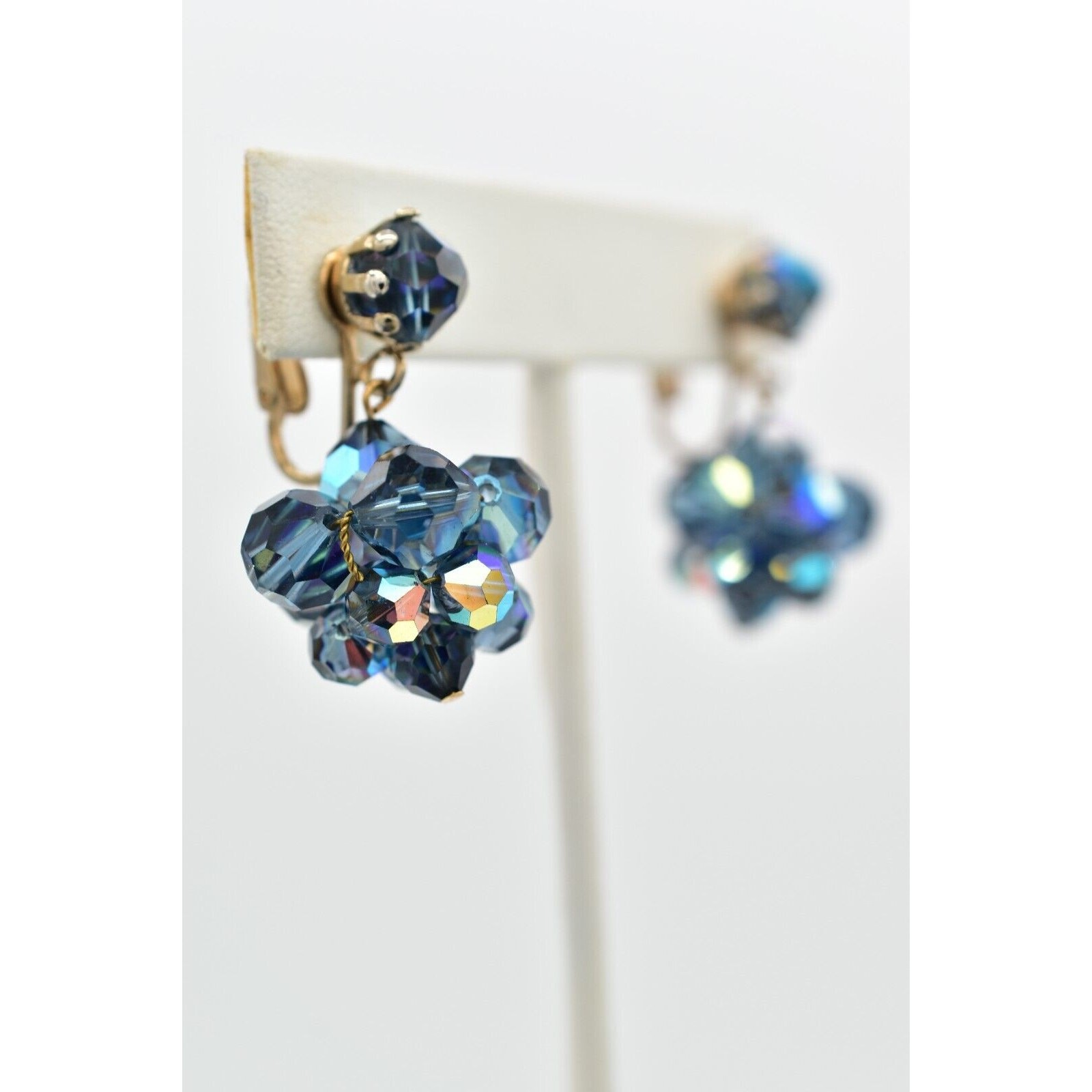 Laguna Vintage Clip On Crystal Earrings Dangle Navy Blue Drop Signed 1950s A24