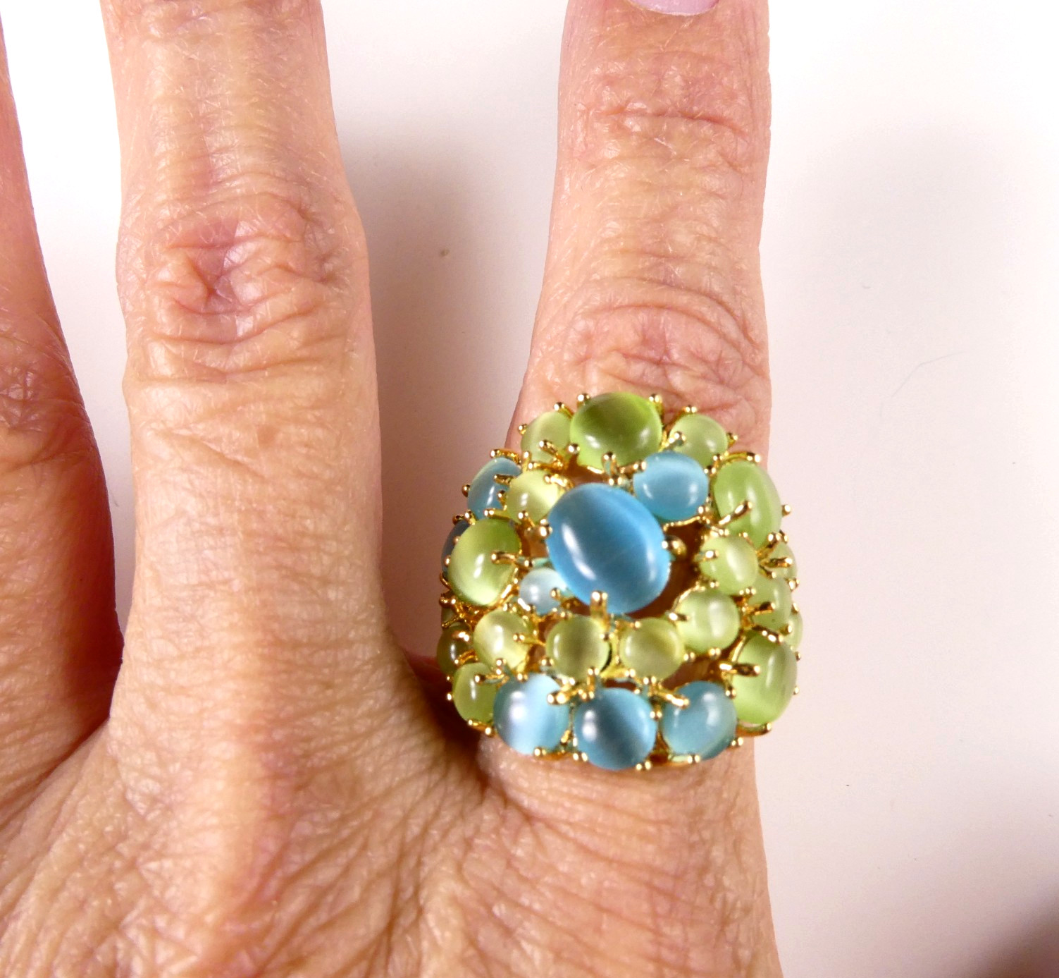 Pretty Blue & Lime Green Cocktail Ring Size 8 Moonstone Cabochons Gold Tone