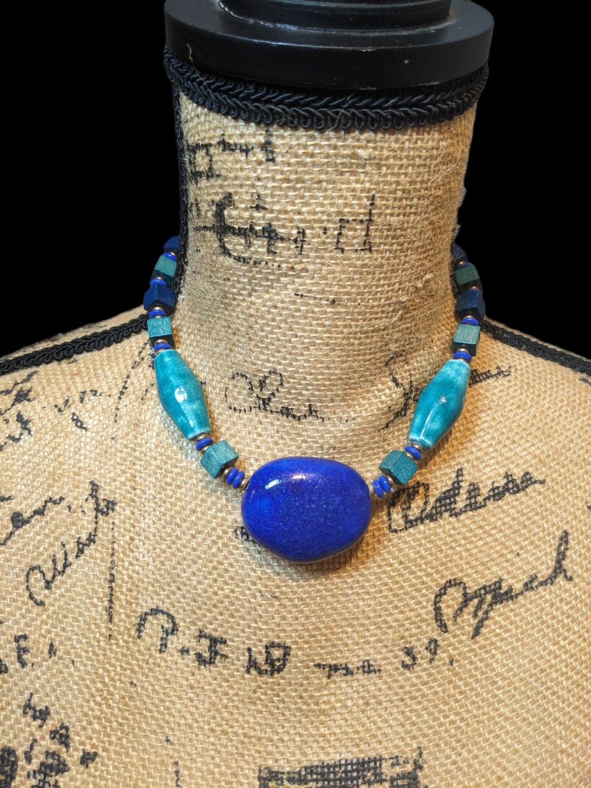 Vintage Miriam Haskell Blue Green Ceramic Wood Egyptian Revival Choker Necklace