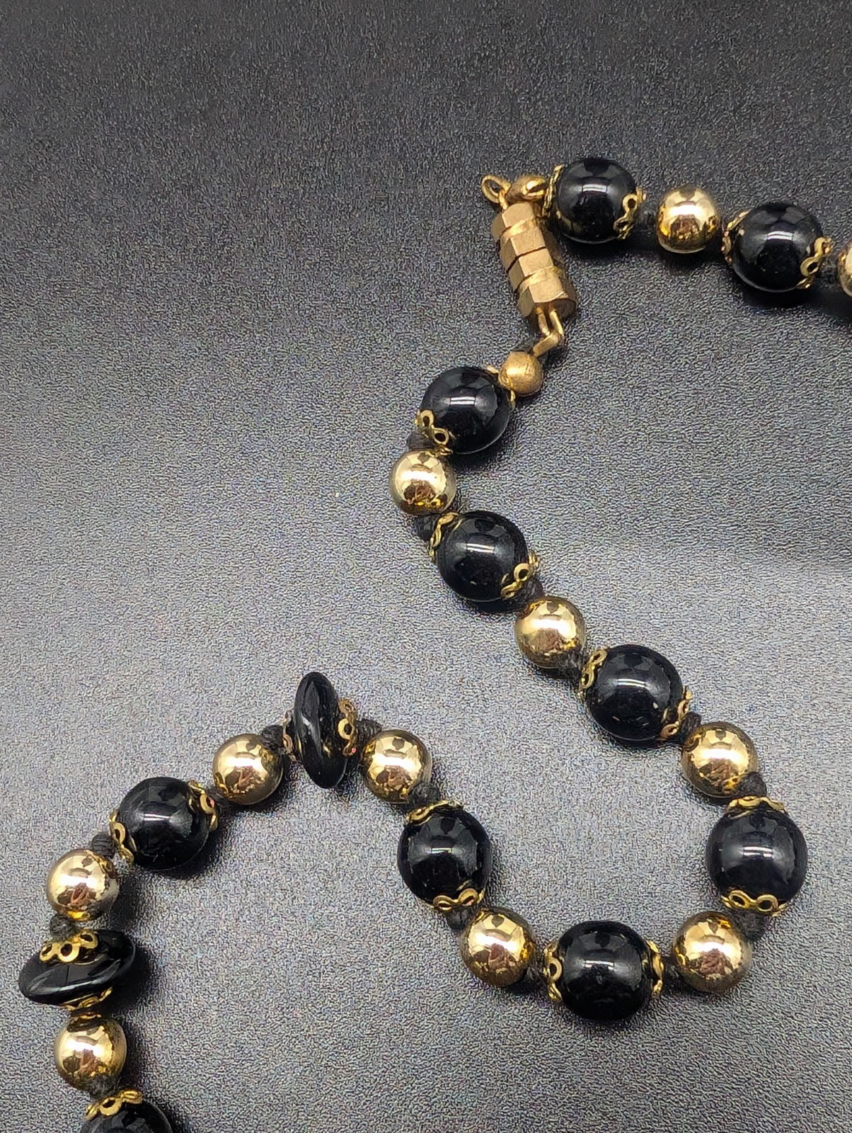 Vintage Hand Knotted Gold Tone Black & Copper Aventurine Art Glass Bead Necklace