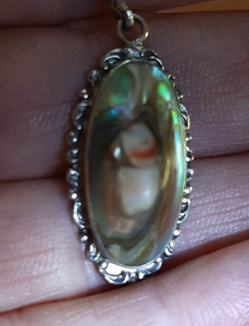 Vintg Pendant Necklace Blister Pearl Spiny Oyster Abalone Art Nouveau “STERLING”