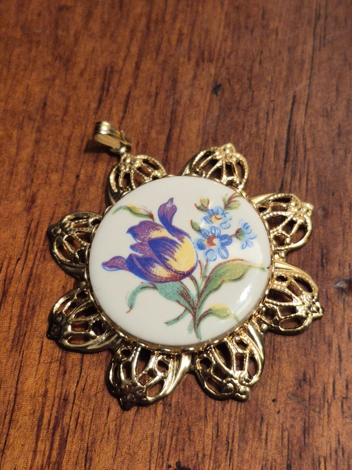 Vintage floral pendant, purple and blue flowers