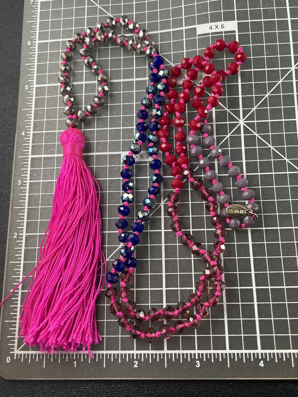 EXPRESS Signed Vintage Pink Tassel Necklace 36” Purple & Red Faceted Lucite Bead