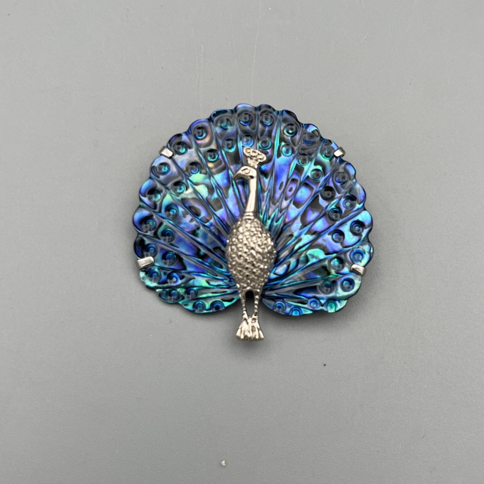 Vintage Peacock Brooch Pin Paua Abalone Shell, Silver Tone 1.75″ NEW ZEALAND