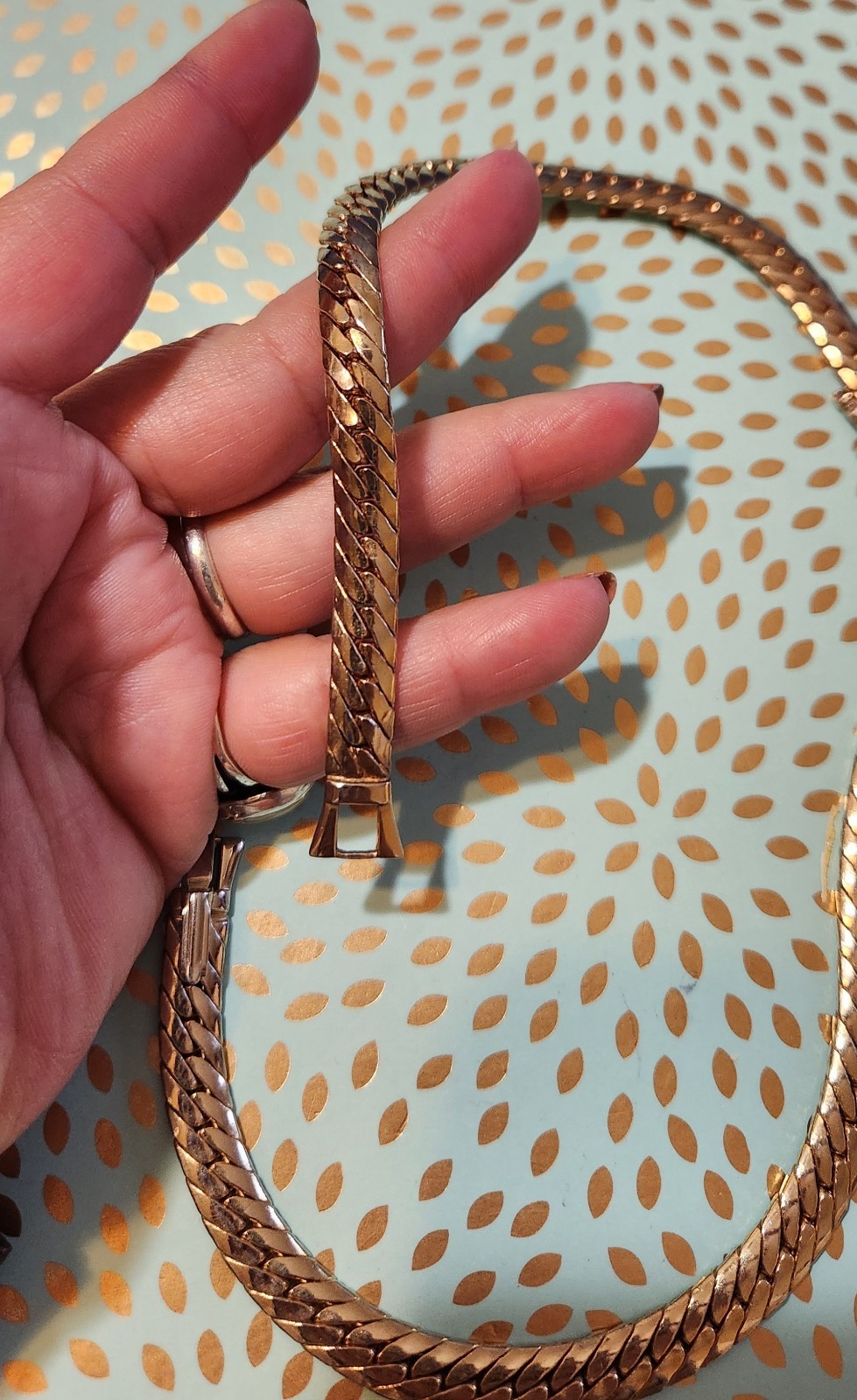 Flat Gold-toned Necklace V Shape Rhinestones Station Pendant & A Red Dot Glass