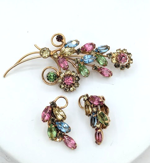 Vintage Brooch Earring Set Pastel Floral Spray Rhinestone 1950s