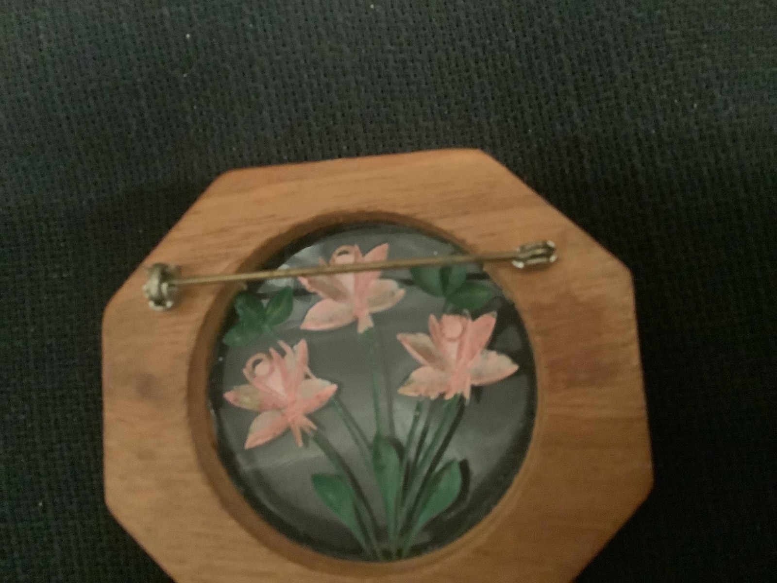 Lucite and wood reverse carved pin, daffodils pink