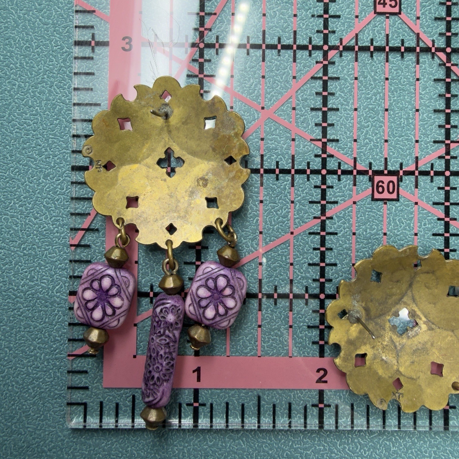 Vintage SIGNED JUN ✨ Boho Dangle Purple Brass Beaded Southwestern Gypsy EARRINGS