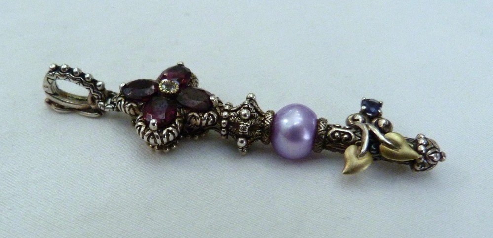 BARBARA BIXBY 18K GOLD STERLING SILVER GARNET IOLITE PEARL KEY ENHANCER PENDANT