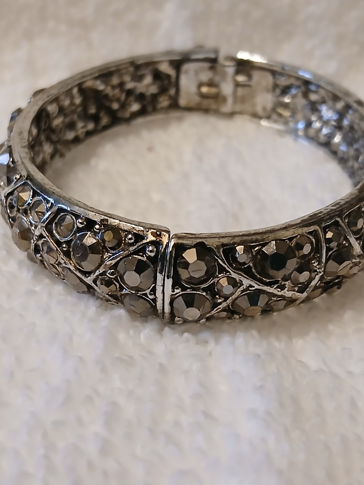Vintage Signed Hollycraft Hinged Bangle Bracelet Silver Tone Marcasite Style