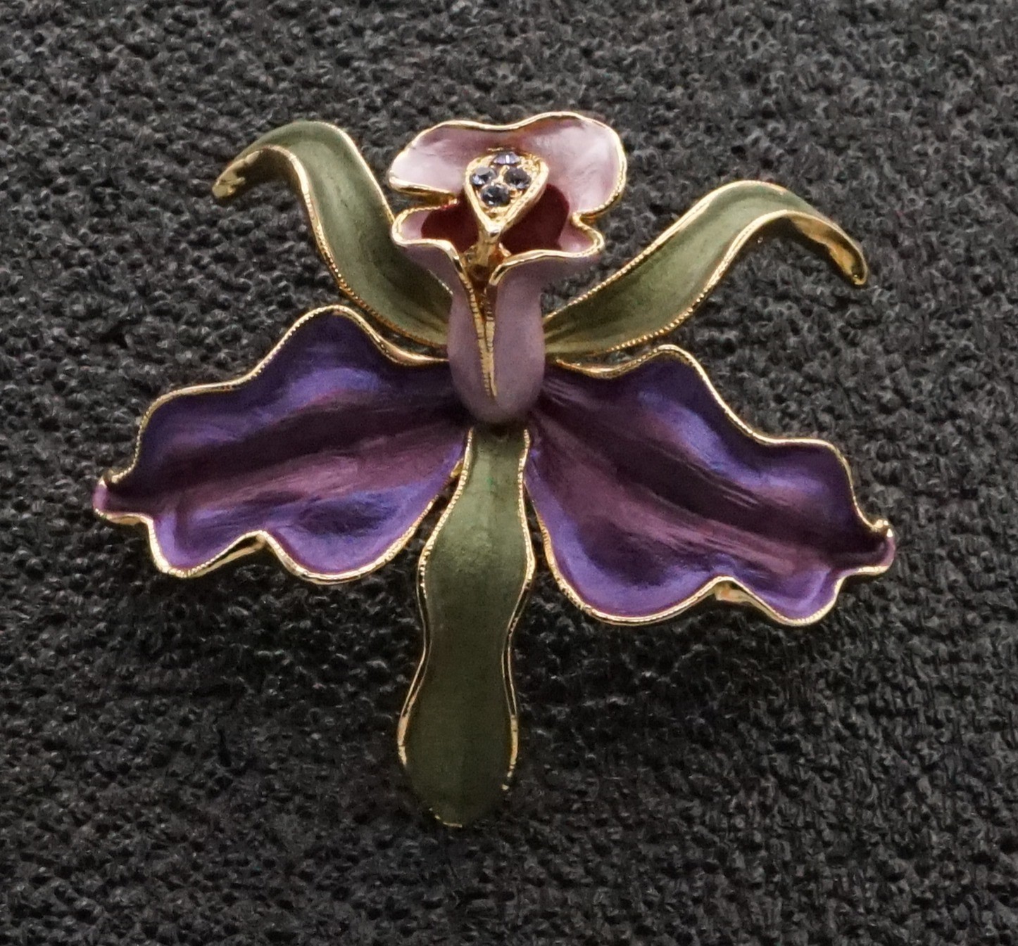 Vintage Gold Tone Enamel Leaf Purple Orchid Floral Brooch
