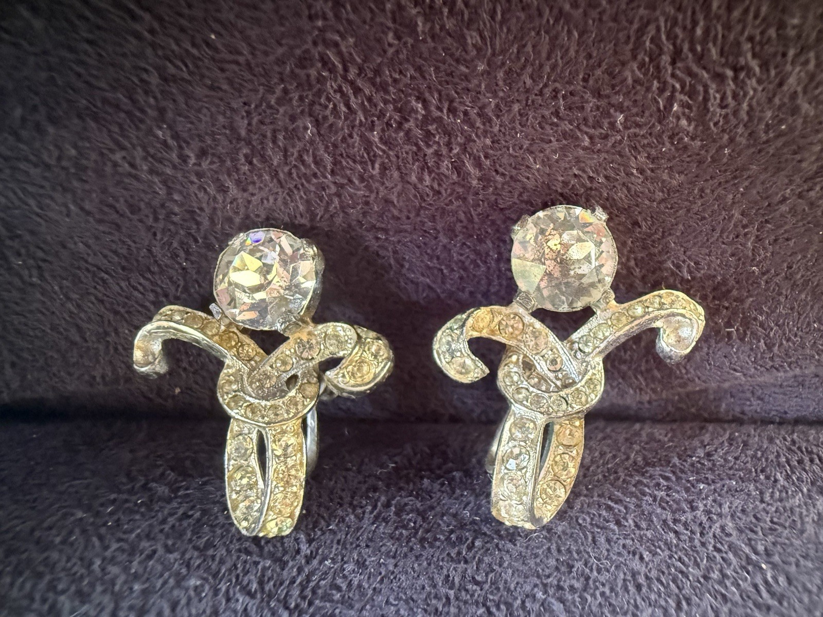 Vintage Sterling Clear Rhinestone Ribbon Earrings with Tension Based Clip On