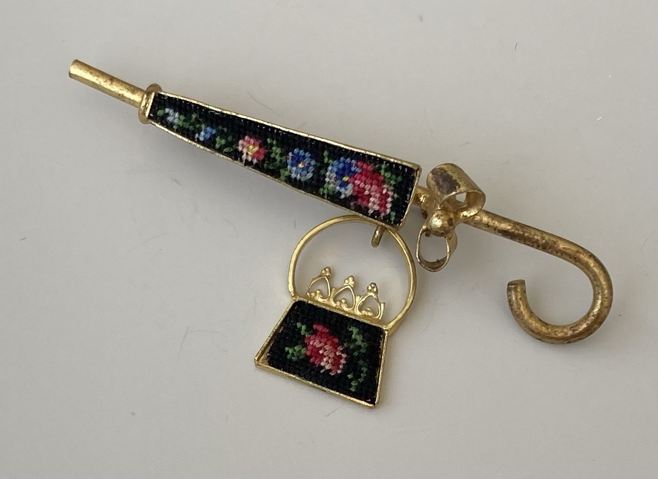 Vintage needlepoint umbrella w/ dangle purse brooch pin