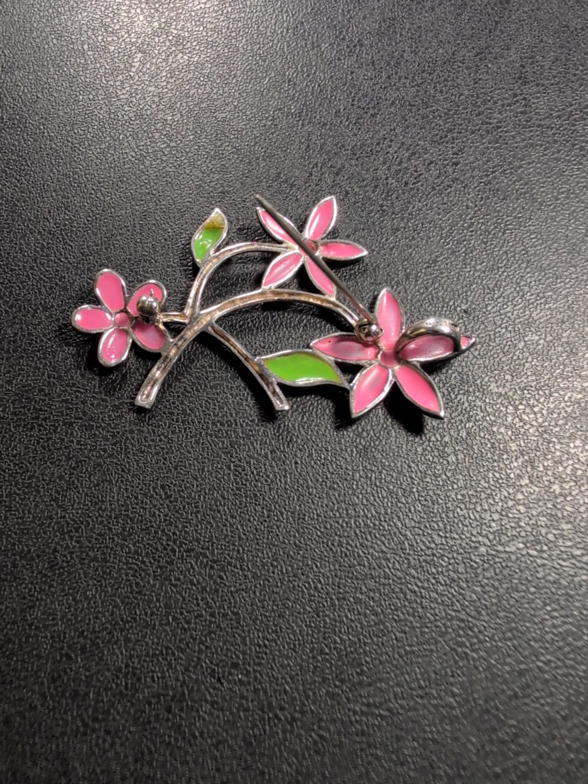 Pink and Green Flowers Sterling Pendant Brooch Spring – 2.5″ – 9.1 g – signed