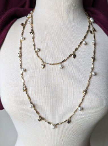 Vintage Twist Gold Tone Link Chain 54″ Necklace Faux Pearl Heart Dangle Charm