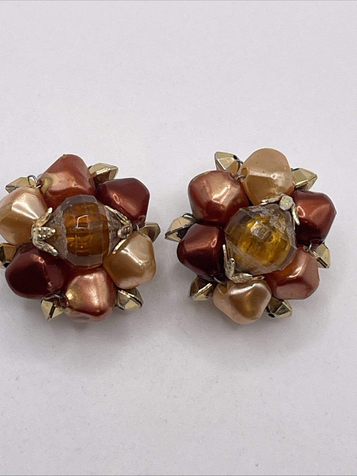 Earrings Vintage MCM Cluster Fall Colors Hong Kong Gold Tone Clip On Jewelry