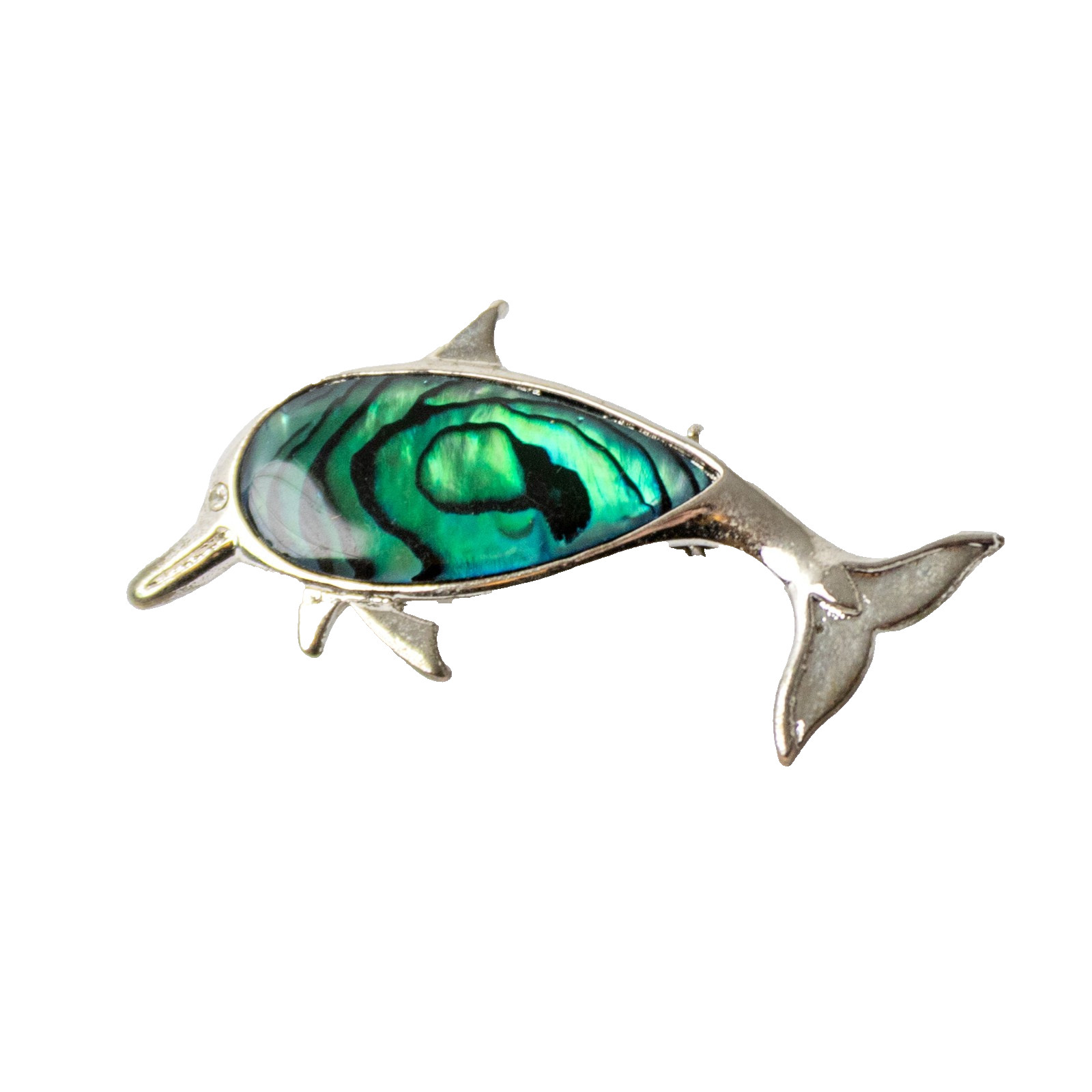 VTG New Zealand Paua Shell Dolphin Brooch Palladium Plate Abalone Jewelry 2″