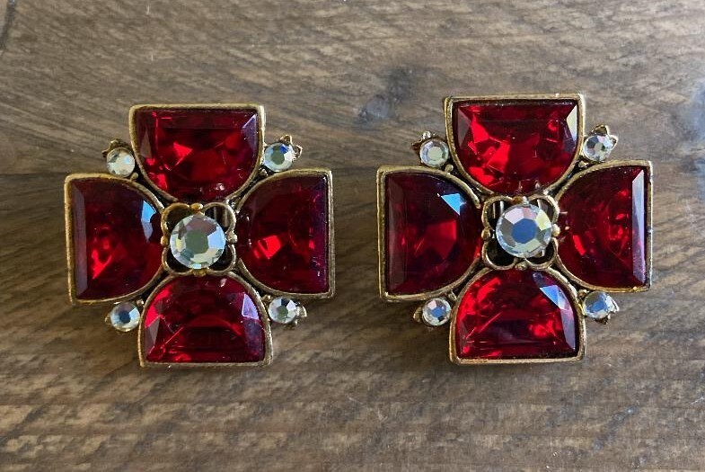 vintage Maltese cross clip-on earrings ruby red clear gems gold metal GEM-CRAFT
