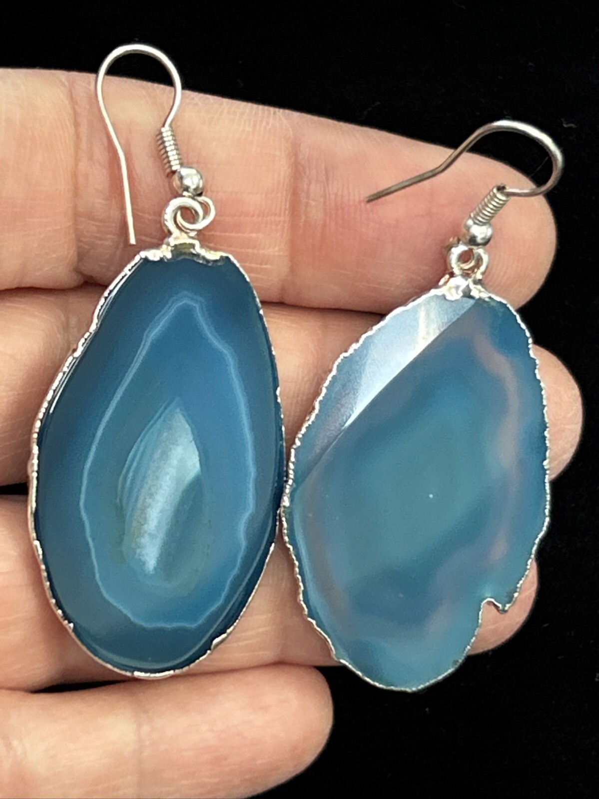 Vintage Silver Tone Blue Geode Slice Dangle Drop Pierced Earrings Large 2.25”