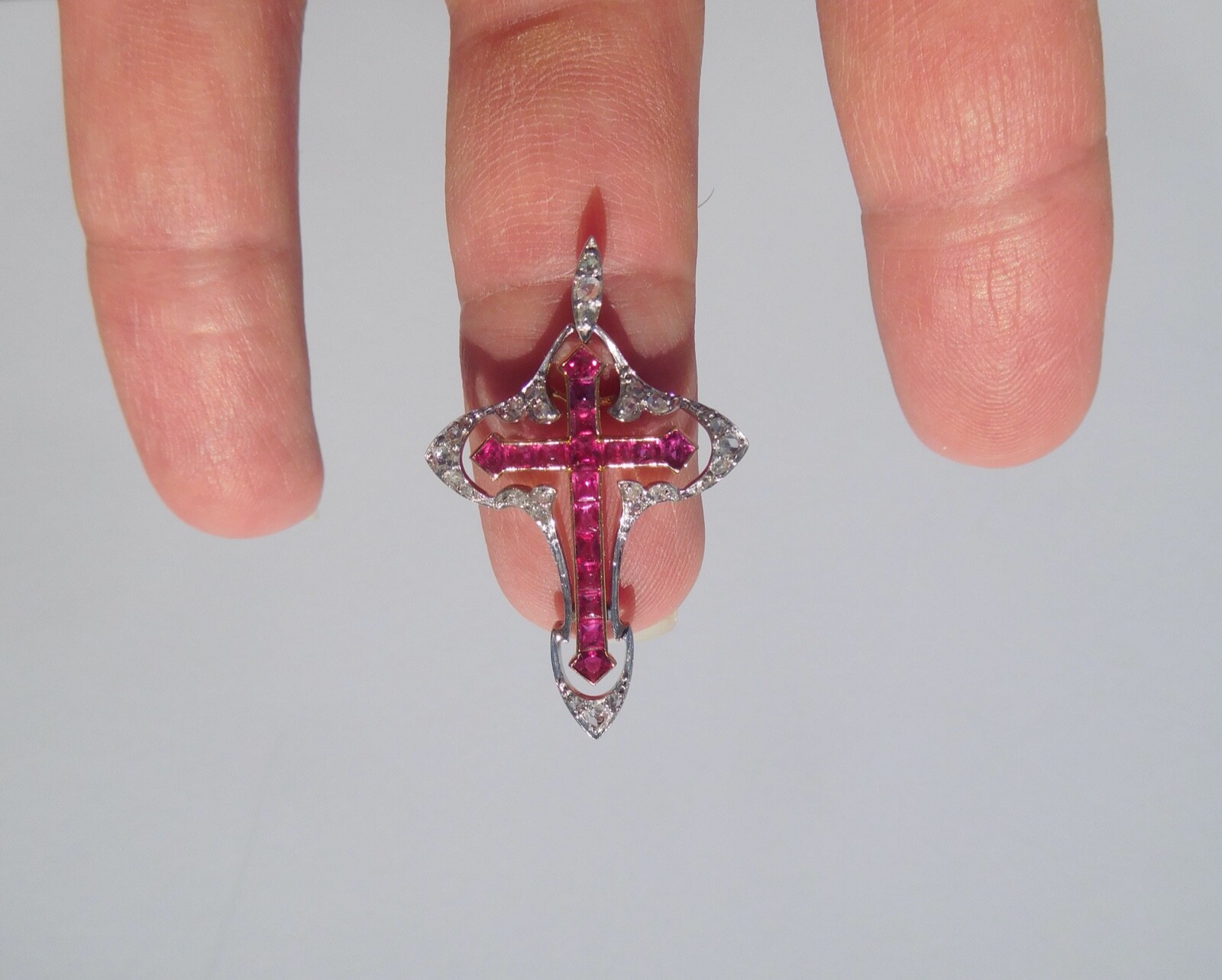 Belle Époque Art Nouveau 18K Rose Gold Platinum Diamonds Rubies Cross Pendant 🥀