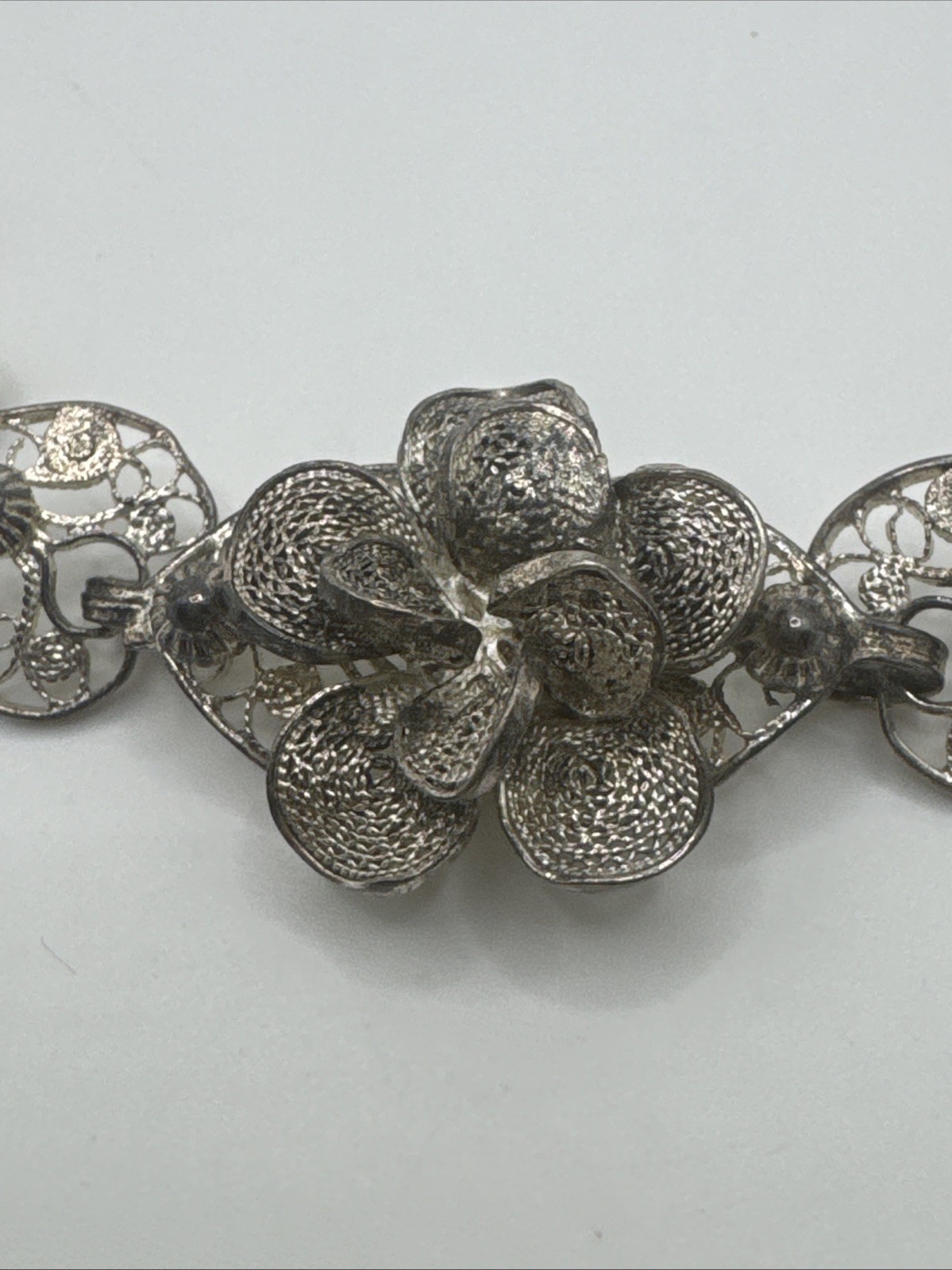 ANTIQUE FILIGREE FLOWERS AND HEARTS STERLING SILVER BRACELET
