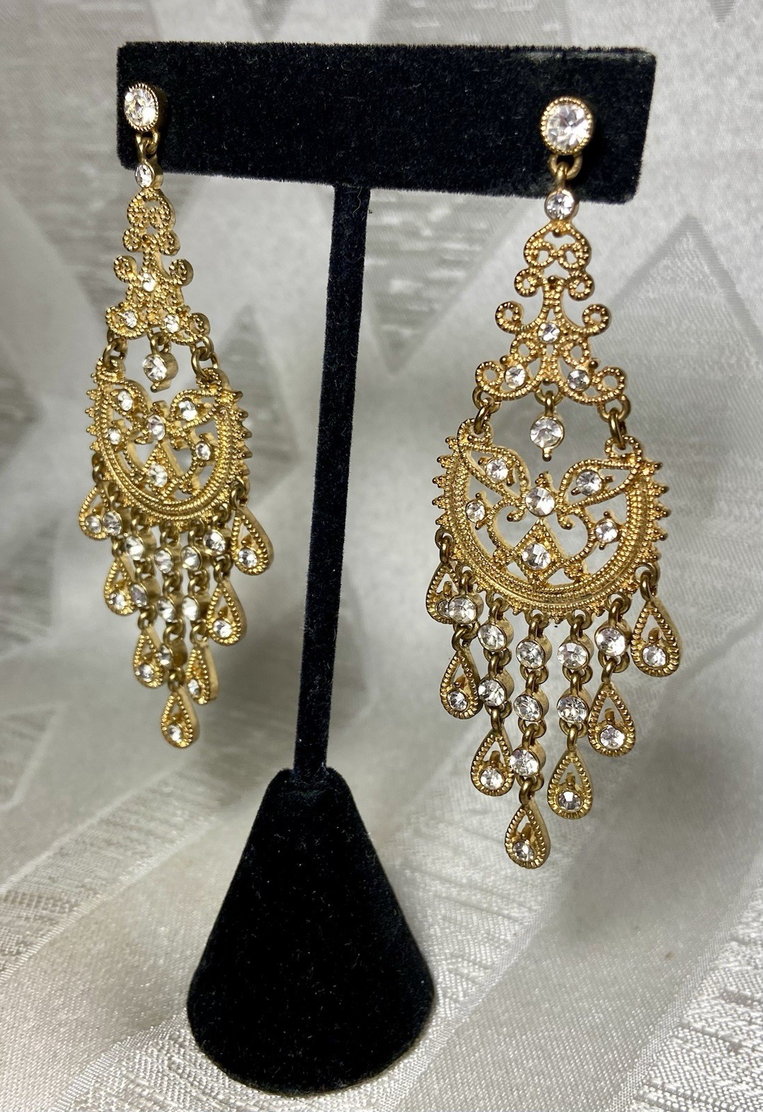 Vintage Style Filigree Chandelier Earrings Gold Tone Rhinestone Dangle 3” Glam