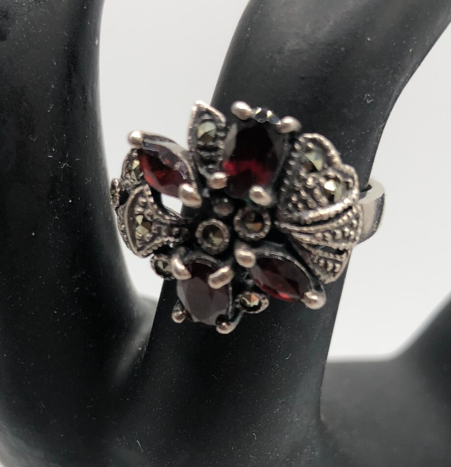 Art Deco Garnet Marcasite Ring 4 Asymmetrical stones different shapes 925 size 7